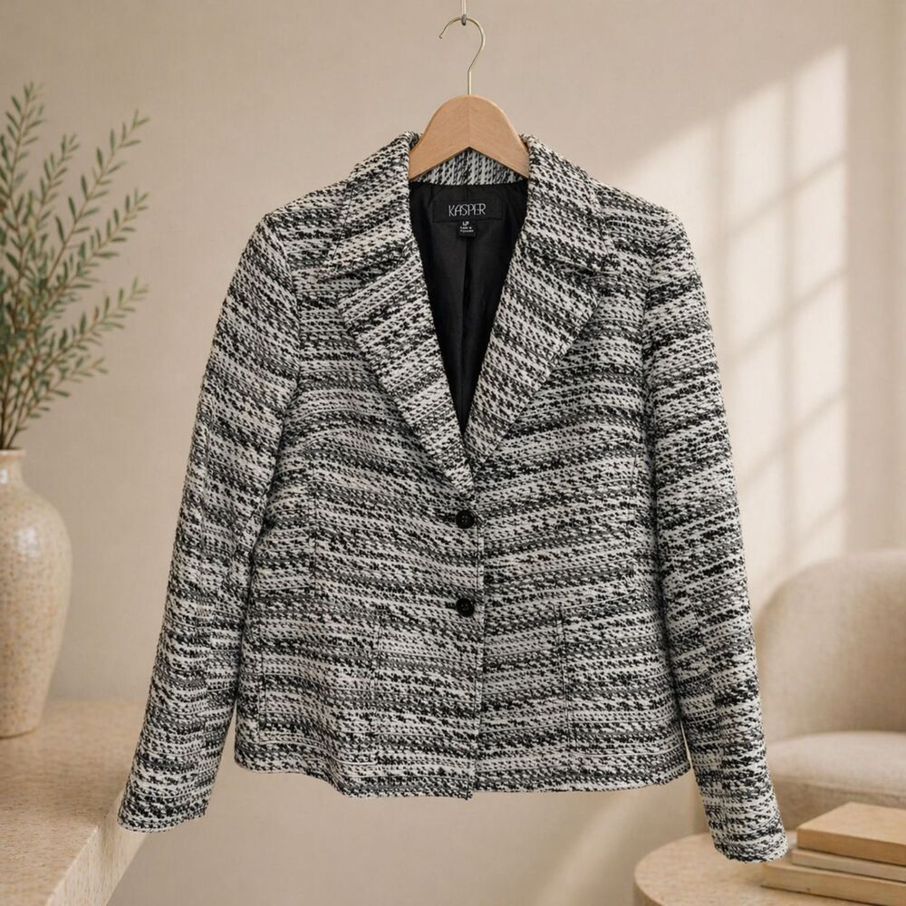 Kasper Petite Tweed Blazer Jacket 14P Black White Textured Knit Office Siren Y2K